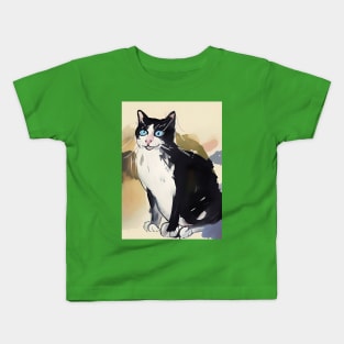 Black and White Tuxedo Cat in Watercolour Copyright TeAnne Kids T-Shirt